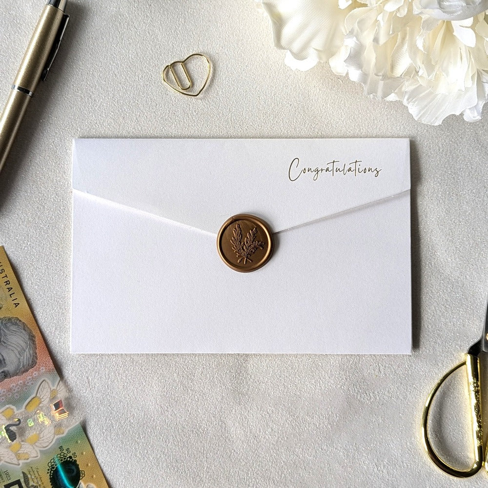 White Congratulations Wedding card next day delivery guaranteed with gold wax seal