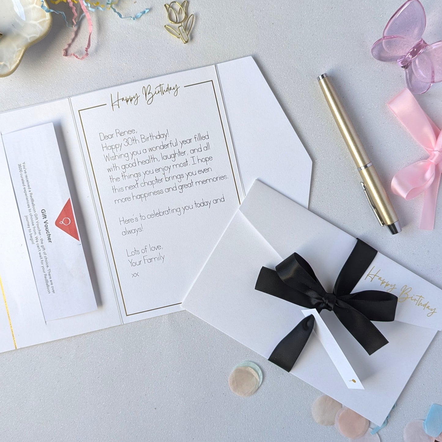 Beautiful white luxury pocket happy birthday card with black ribbon and white tag. Birthday Money Wallet for 18th 21st 30th 40th 50th 60th 70th 80th 90th 100th. Birthday money card, birthday money envelope. Birthday Card