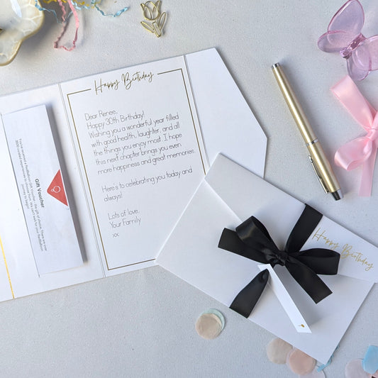 Beautiful white luxury pocket happy birthday card with black ribbon and white tag. Birthday Money Wallet for 18th 21st 30th 40th 50th 60th 70th 80th 90th 100th. Birthday money card, birthday money envelope. Birthday Card