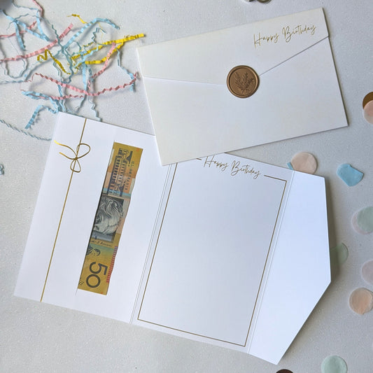 White birthday money envelope with wax seal and pocket for the money gift birthday card