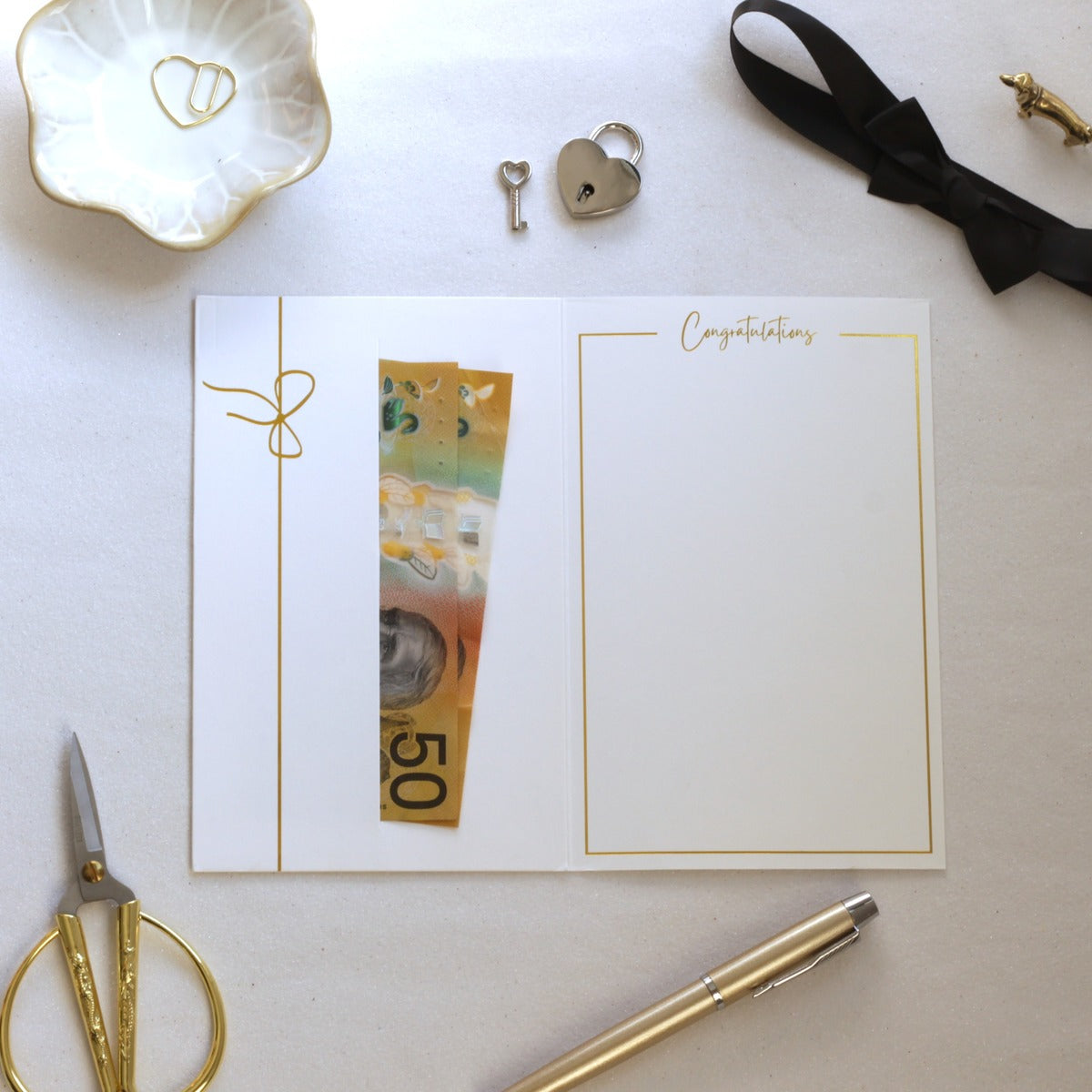 White wedding money card personalised gold foil names inside with cash in pocket