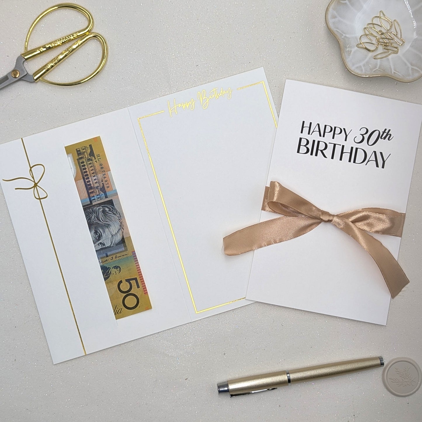 Happy 30th Birthday Milestone Money Gift Envelope White with gold satin ribbon