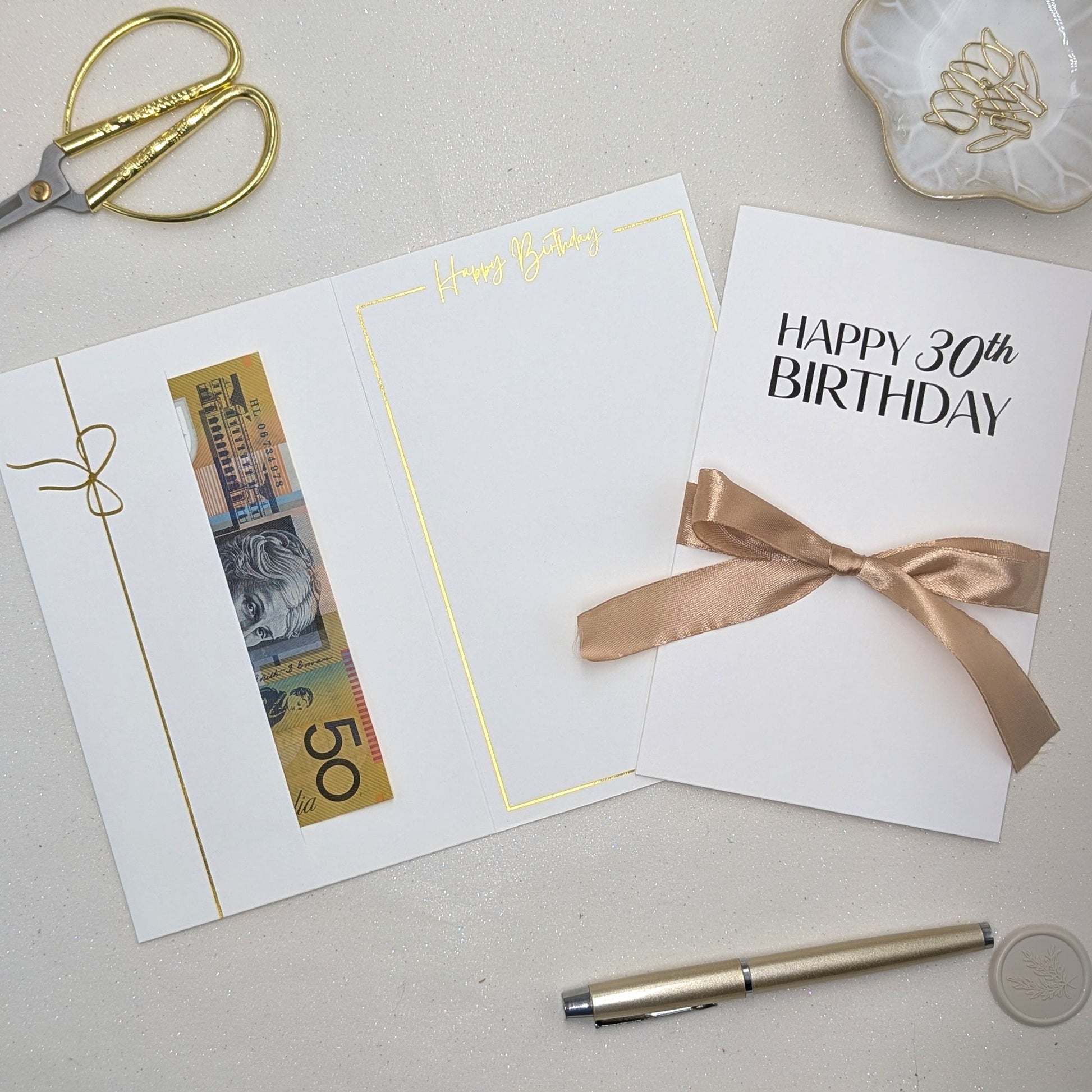 Happy 30th Birthday Milestone Money Gift Envelope White with gold satin ribbon