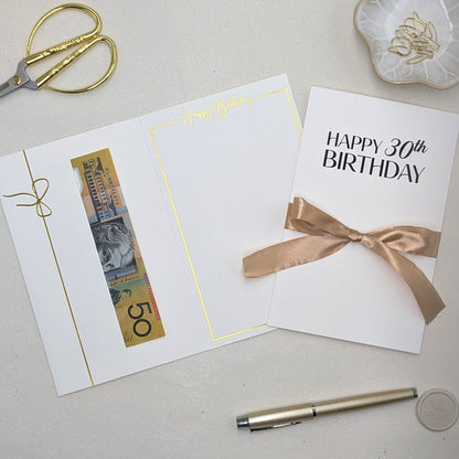 Happy 30th Birthday Milestone Money Gift Envelope White with gold satin ribbon