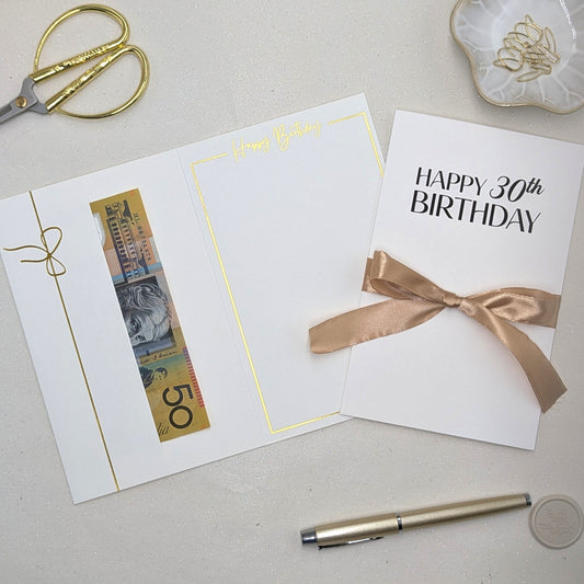 Happy 30th Birthday Milestone Money Gift Envelope White with gold satin ribbon