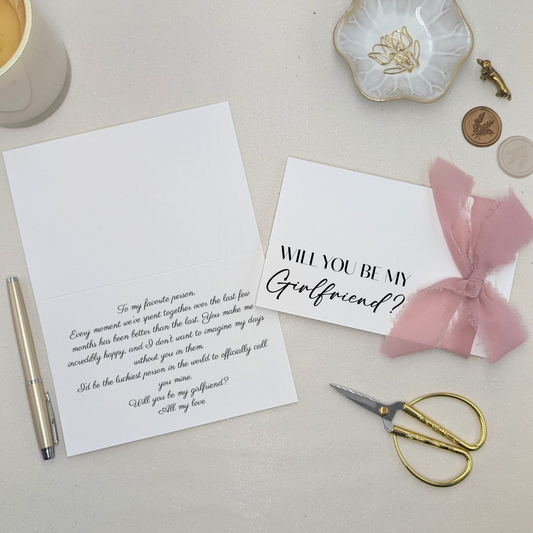 Personalised Will you be my girlfriend card love letter with premuim felt card and luxury ribbon of choice