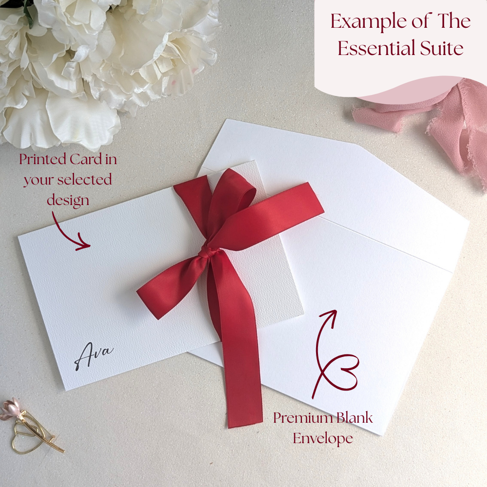 The Essential tier for a fully personalized card, showing a custom printed design with a premium blank envelope and standard satin ribbon.