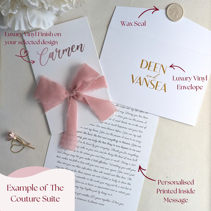 The Couture tier for a bespoke card, showcasing hand-applied vinyl lettering on both the card and envelope, plus a custom-printed message for a one-of-a-kind luxury finish.