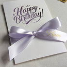 pocket Happy birthday money card for giving cash in purple vinyl with purple personalised ribbon with Mum on it