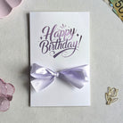 pocket Happy birthday money card for giving cash in purple vinyl with purple ribbon
