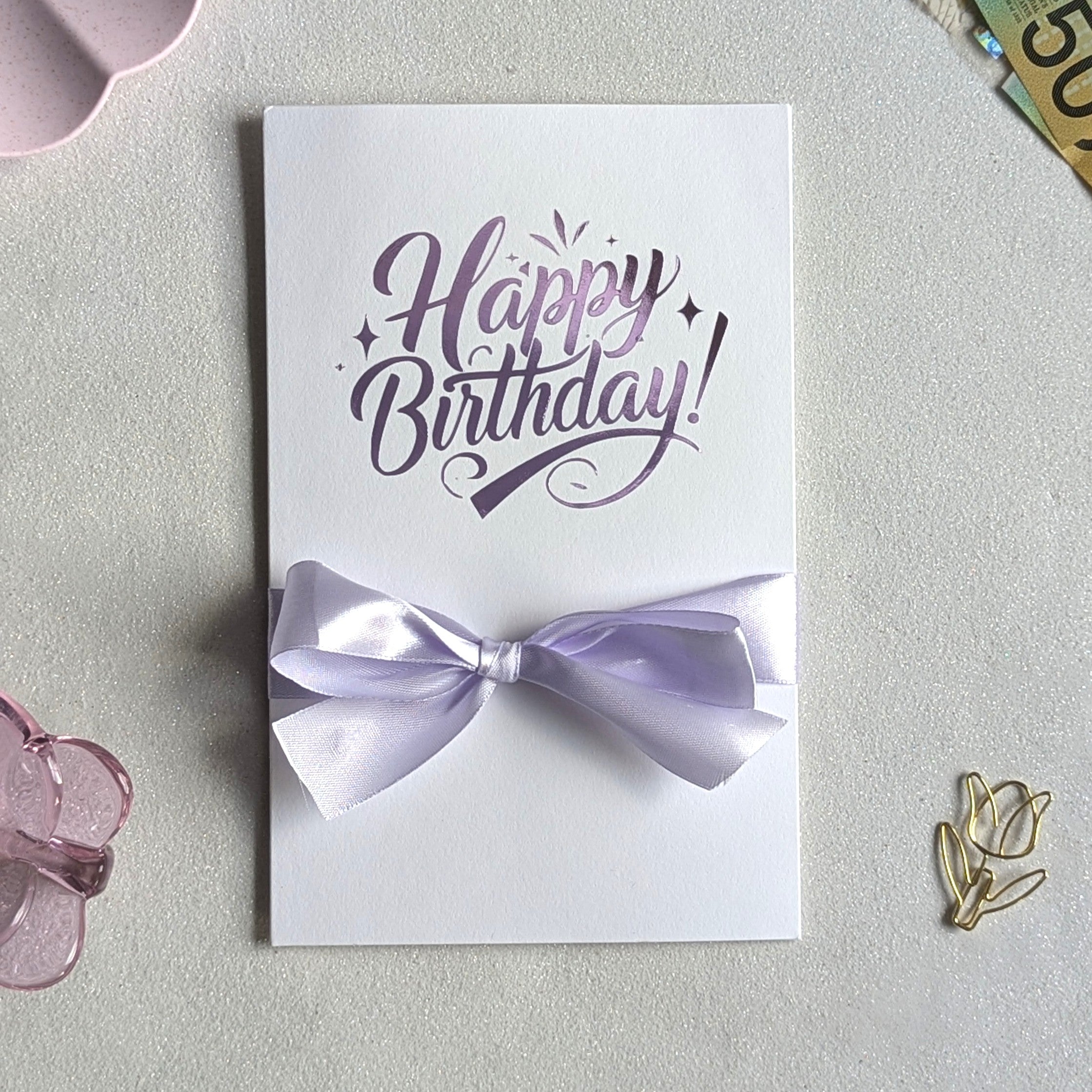 pocket Happy birthday money card for giving cash in purple vinyl with purple ribbon