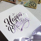 pocket Happy birthday money card for giving cash in purple vinyl with purple ribbon