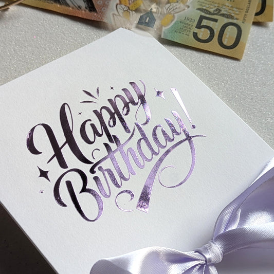 pocket Happy birthday money card for giving cash in purple vinyl with purple ribbon