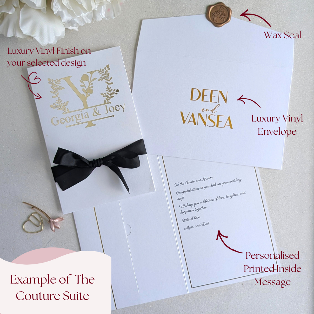 Example of The Couture Suite featuring hand-applied luxury gold vinyl on the card and envelope, a personalized ribbon, and a custom printed inside message.