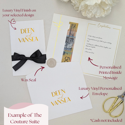 Example of The Couture Suite featuring hand-applied luxury gold vinyl on the card and envelope, a personalized ribbon, and a custom printed inside message.