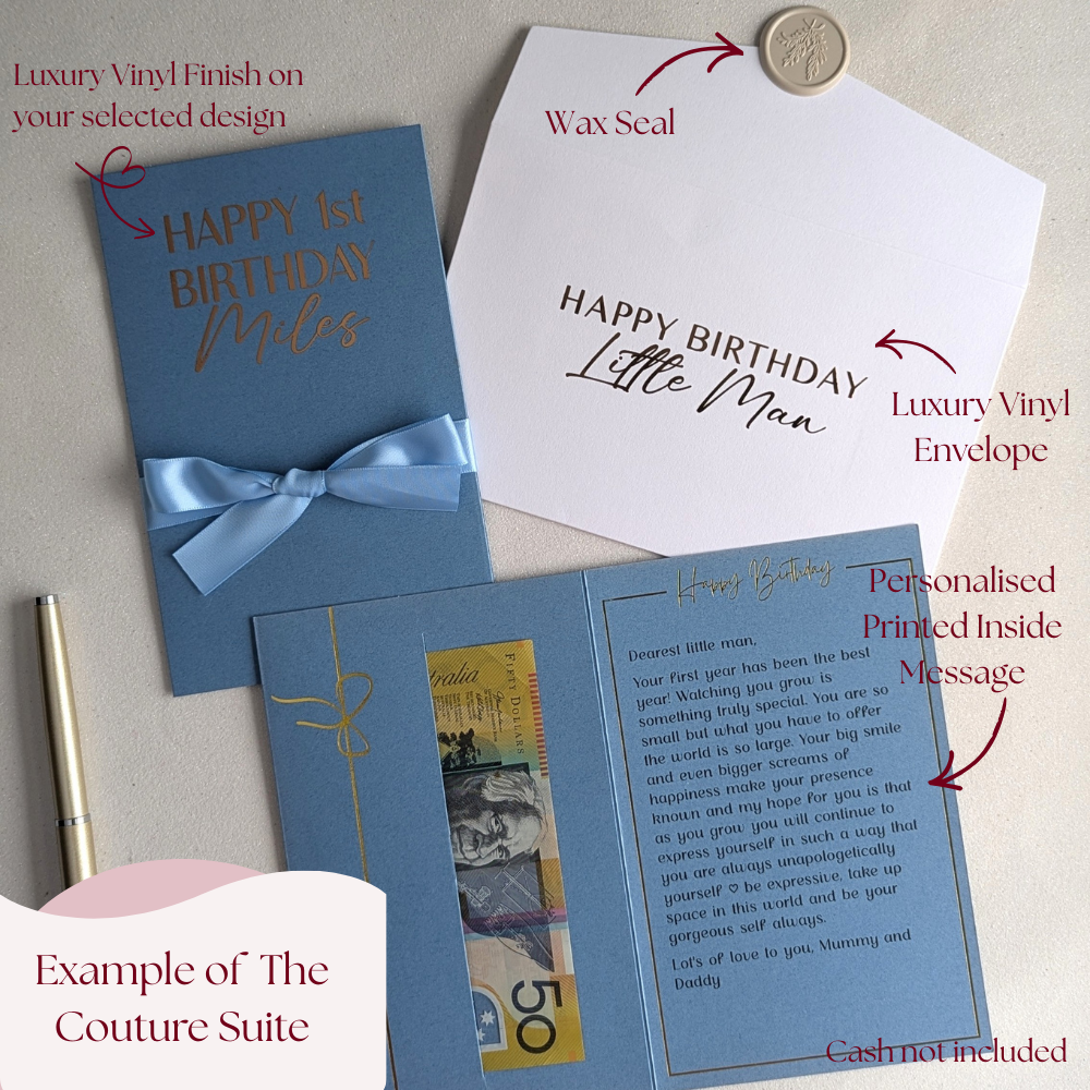 The Couture tier for a bespoke birthday card, showcasing hand-applied vinyl lettering on both the card and envelope, for a one-of-a-kind luxury finish.