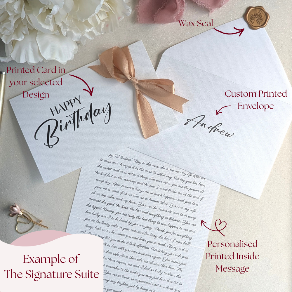 The Signature tier for a completely personalized card, featuring a custom guest name printed on the envelope, a handmade wax seal, and a long-form personal message printed inside.