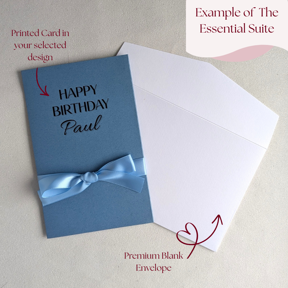 The Essential tier for a fully personalised birthday card, showing a custom printed design with a premium blank envelope and standard satin ribbon.