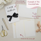 Example of The Essential Suite featuring a personalized printed card with a black satin ribbon and a premium blank white envelope.