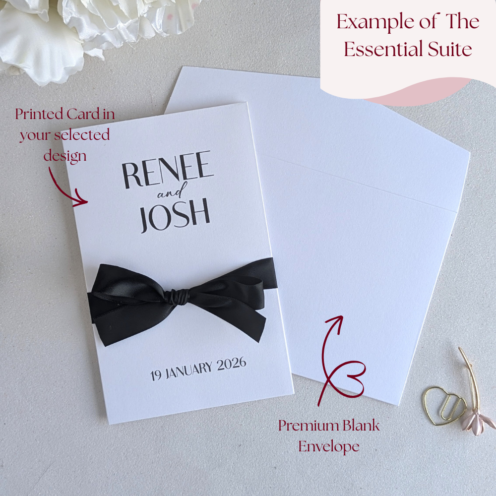 Example of The Essential Suite featuring a personalized printed card with a black satin ribbon and a premium blank white envelope.