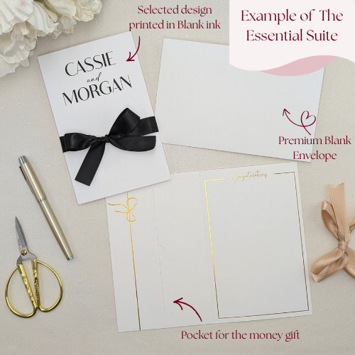 Example of The Essential Suite featuring a personalized printed card with a black satin ribbon and a premium blank white envelope.
