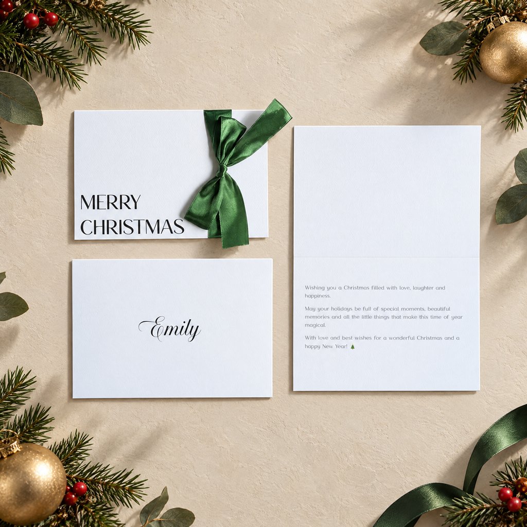 Merry Christmas card in crisp black ink white textured paper and green satin ribbon. recipients name printed on the envelope and custom message printed inside the card