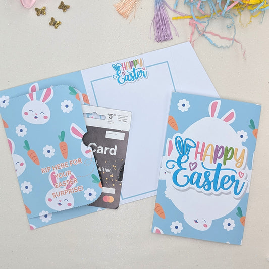 Easter gift envelope card featuring cute blue bunnies and orange carrots with a unique rip-open tab for money or gift cards