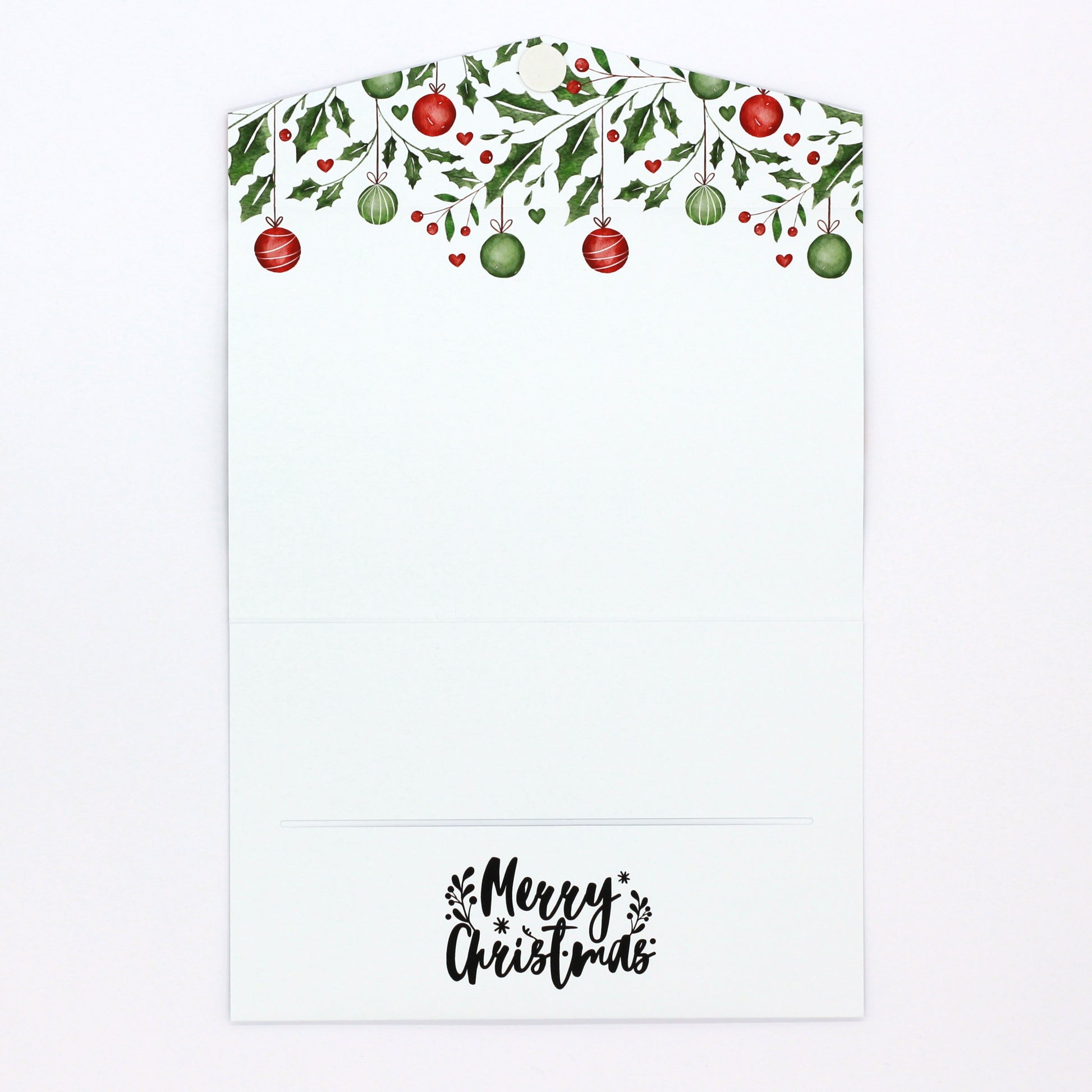 mistletoe and bauble christmas greeting card inside Money envelope for giving money, gift card or gift voucher
