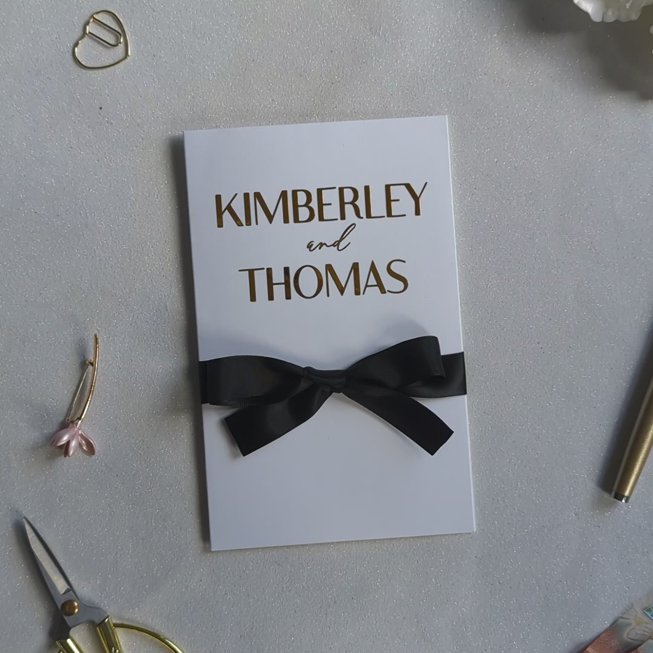 Personalised wedding money envelope card with personalised gold foil names close up