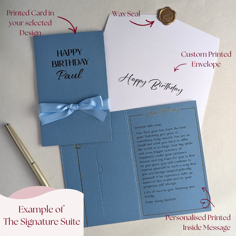The Signature tier for a completely personalised birthday money card, featuring custom text printed on the envelope, a wax seal, and a long-form personal message printed inside.