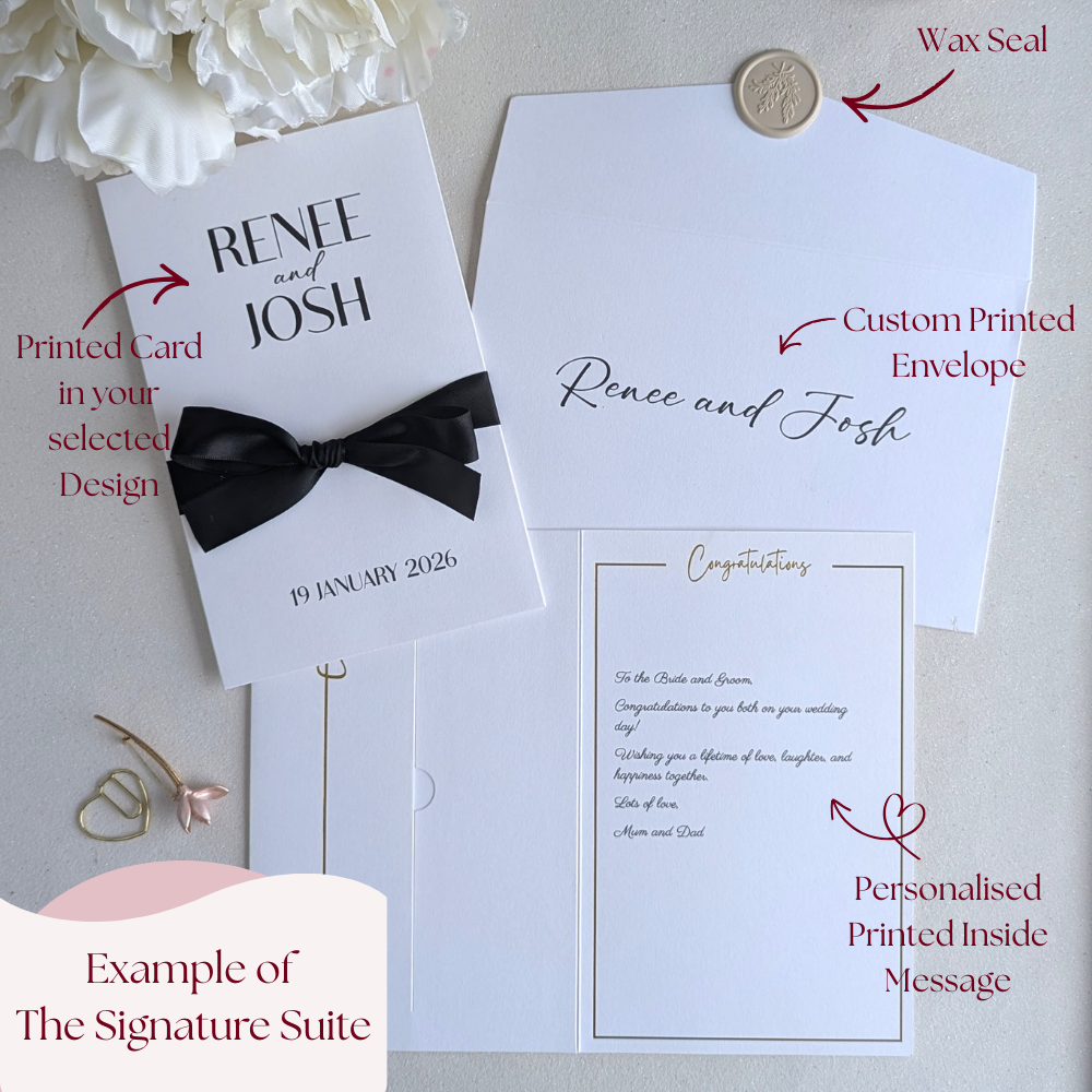 Example of The Signature Suite upgrade featuring a personalized printed envelope, a handmade wax seal, and a custom printed message inside the card.